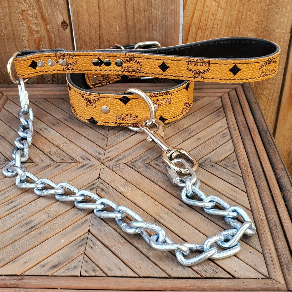 Classic tan leather dog collar and leash