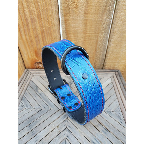 Blue croc leather dog collar