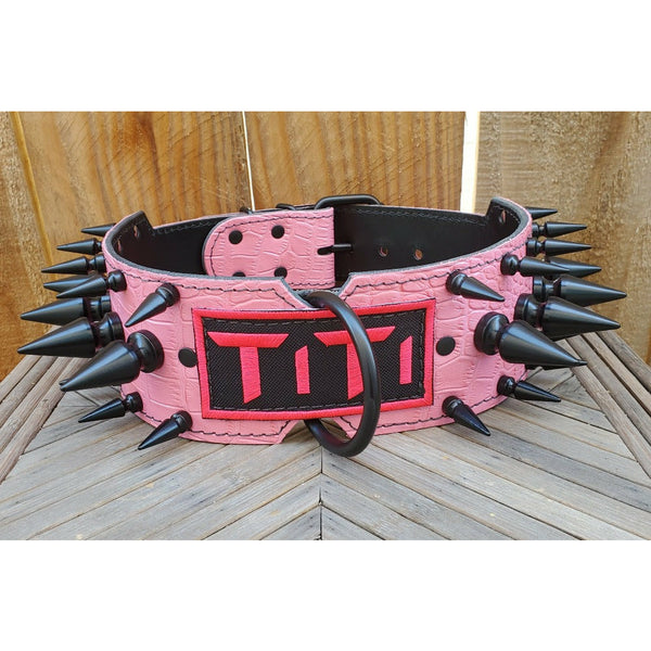 Powder coated spiked leather dog collar, big breed dog collar, leather large dog collar