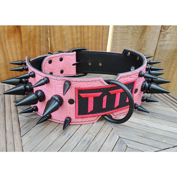 Doberman Spiked leather pink dog collar