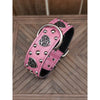 Pink leather dog collar with celtic hearts and round studs