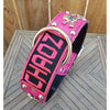 name dog collar, pink leather skull collar