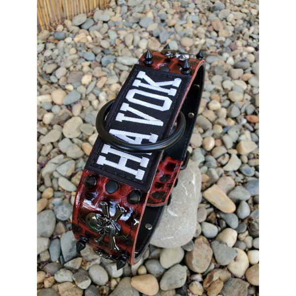 red spiked leather hand made dog collar