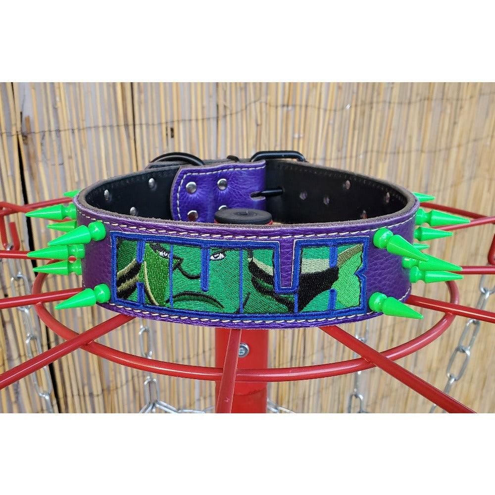 Metallic Purple Hulk Collar with Neon Green 1" Spikes Dog Collar - READY TO SHIP - FITS 22" TO 25" NECKS