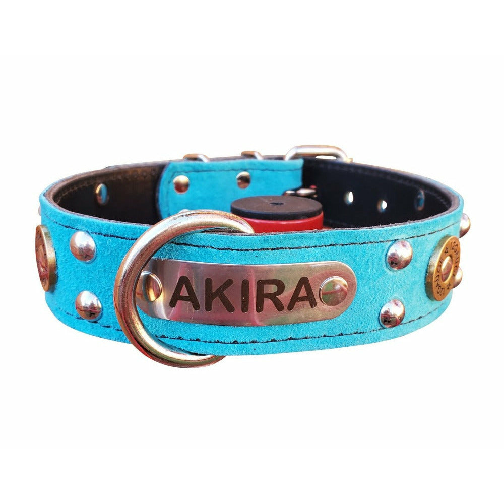 Turquoise Suede Name Collar With Shotgun shells and round studs