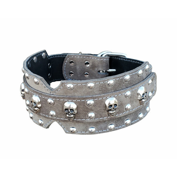 3" Double Layer Leather Grey Skull Collar