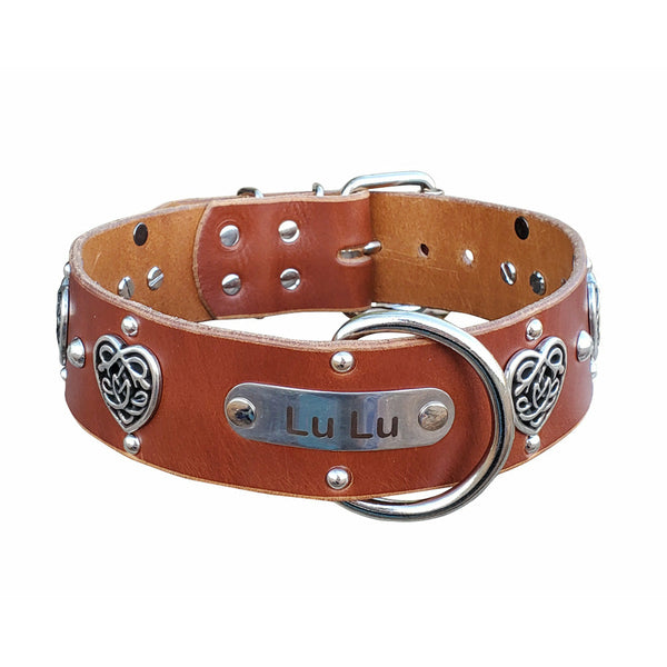 bulldog heart leather dog collar