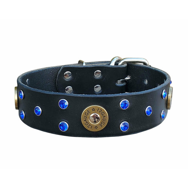 Blue Crystal Leather Shotgun Shell Dog Collar