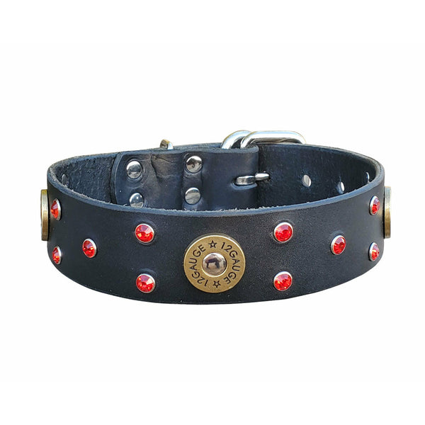 Black Leather Shotgun Shell Dog Collar