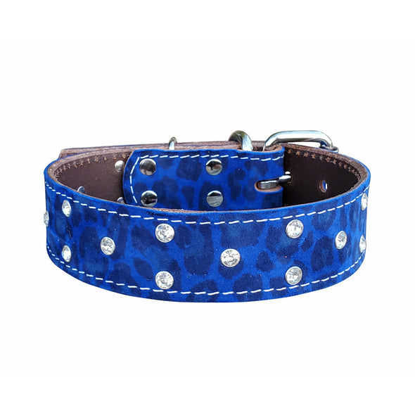 Blue Crystal Leopard Leather Dog Collar