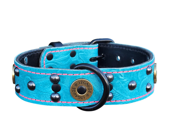 Turquoise Floral Leather Collar With Shotgun shells and round studs