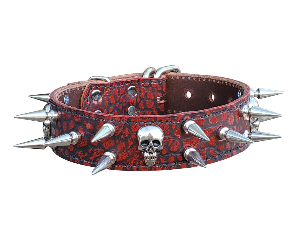 rustic Red Spiked Skull Leather Collar