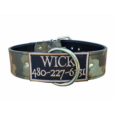 Wide Camo Leather name Dog Collar