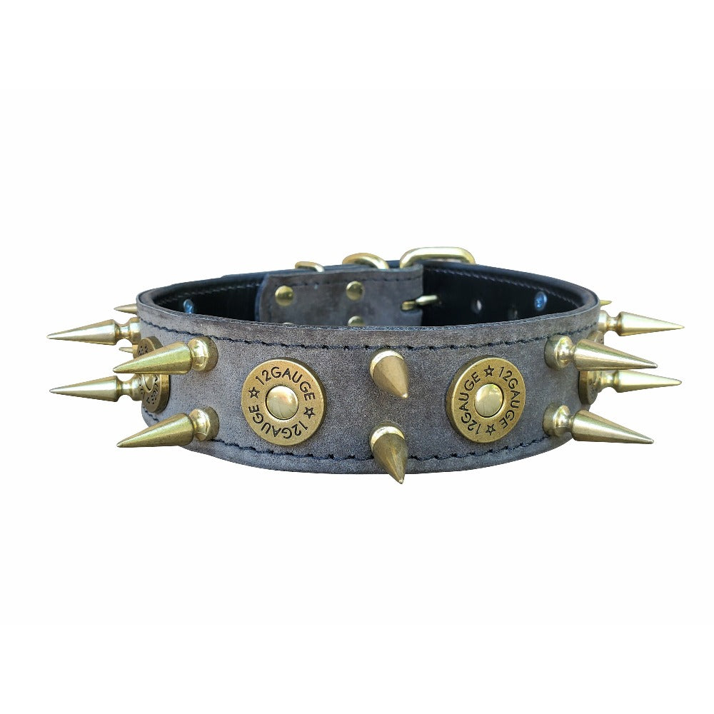 Grey Suede Leather Spiked Shotgun Shell Dog Collar