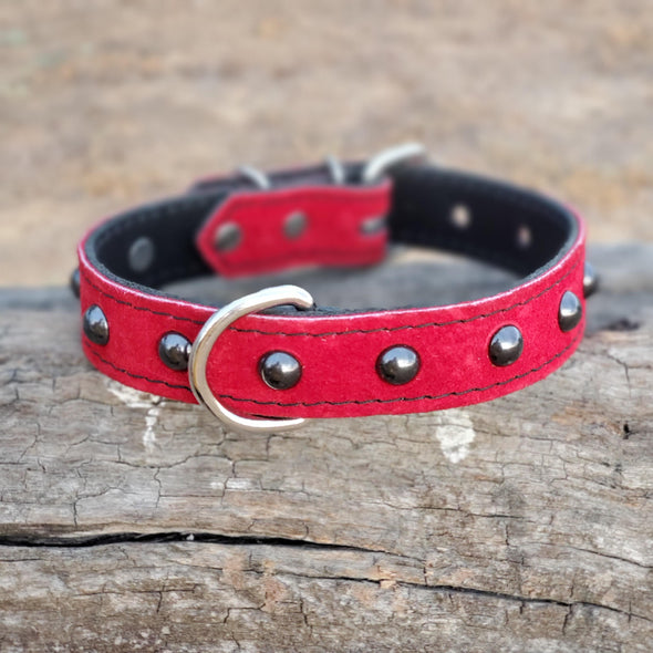 1" Red Suede Stud Dog Collar - fits 12" to 16"
