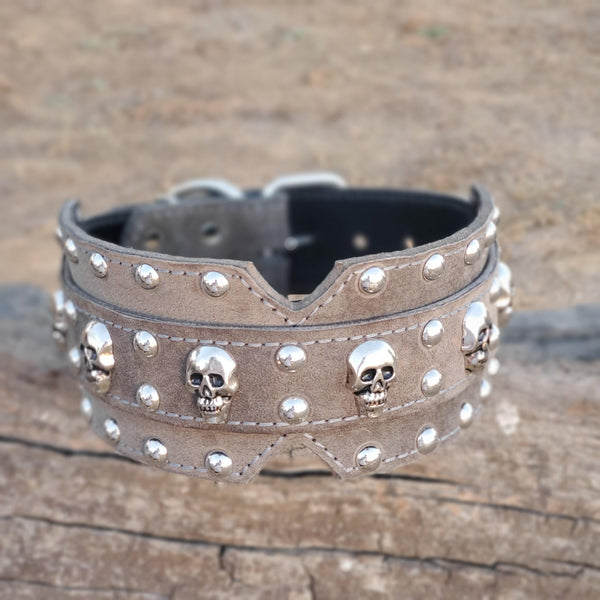 3" Dual Layer Grey Suede Skull Leather Dog Collar - fits 20" to 24"