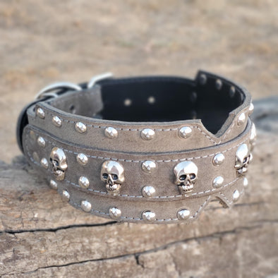 3" Dual Layer Grey Suede Skull Leather Dog Collar - fits 20" to 24"