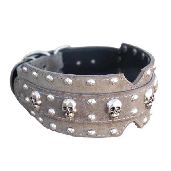 3" Dual Layer Grey Suede Skull Leather Dog Collar - fits 20" to 24"