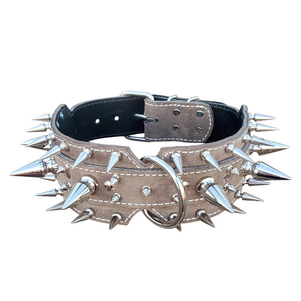 3" Grey Suede Spiked Leather Dog Collar - Dual Layer Extreme Spiked Collar