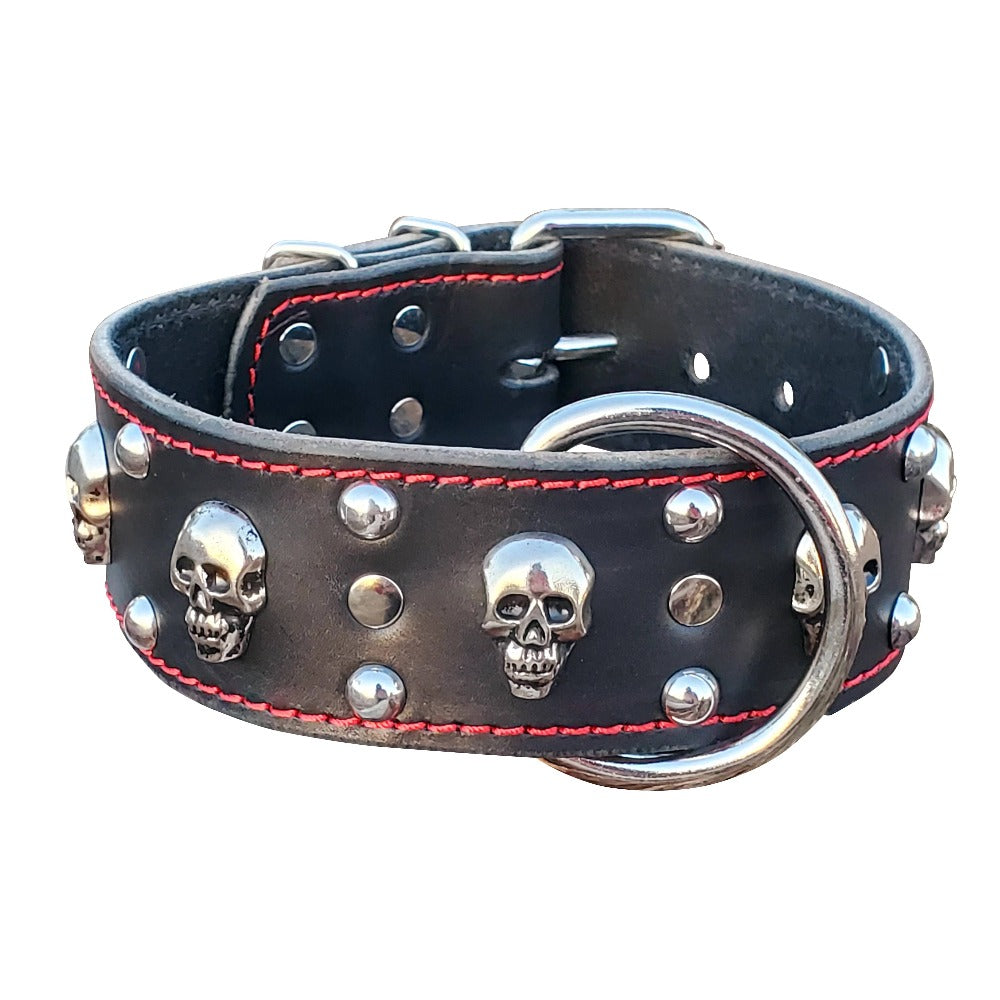 Black Leather Skull Dog Collar with Studs