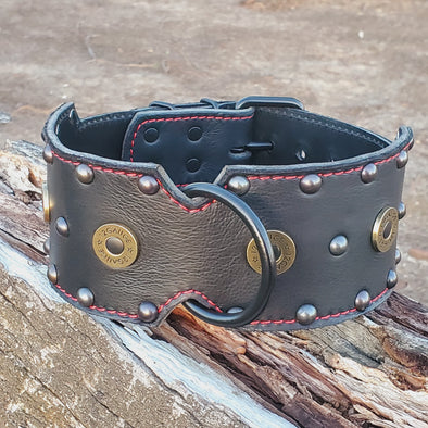3" Black Leather Shotgun Shell Dog Collar Fits 20" to 24"