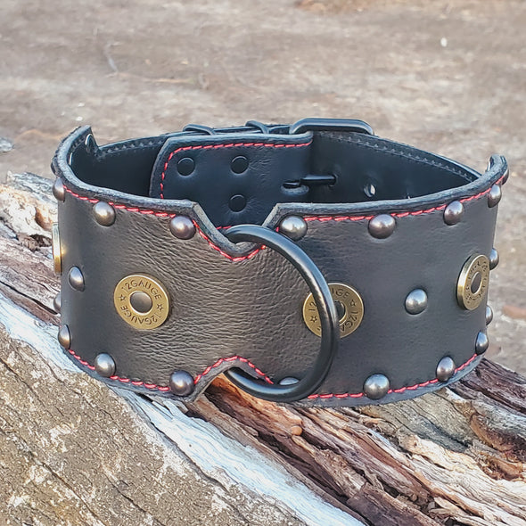 3" Black Leather Shotgun Shell Dog Collar Fits 20" to 24"
