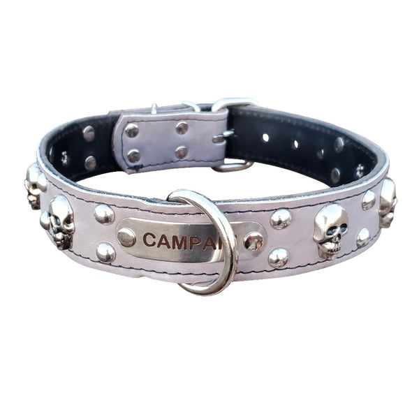  Grey Leather Name Collar With Skulls