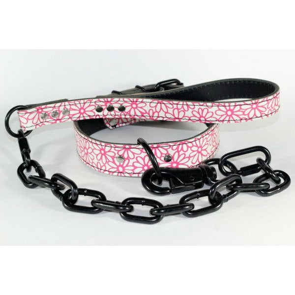 PINK FLORAL LEATHER DOG COLLAR AND MATCHING LEASH SET, pitbull floral leather dog collar