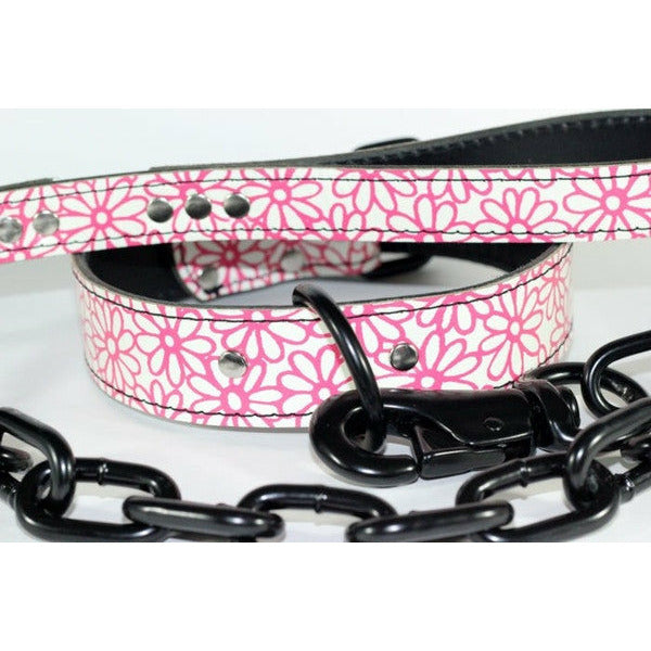 leather flower dog collar with matching black chain leash