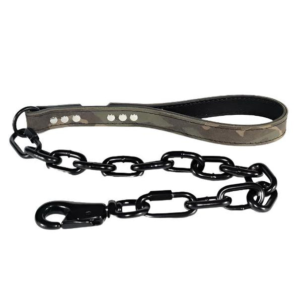 Camo Leather Dog Leash with Heavy Duty Chain