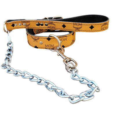 Classic tan leather dog collar and leash