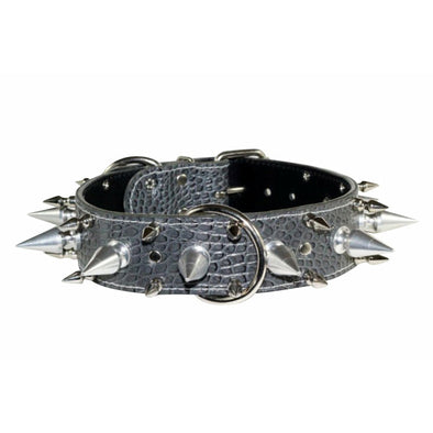 Grey Embossed Alligator Leather Spike Collar 