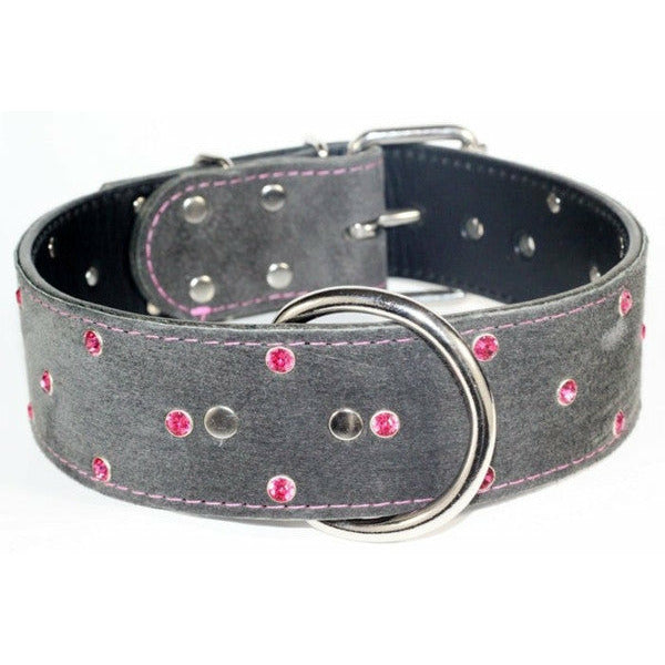 grey suede leather pink crystal dog collar