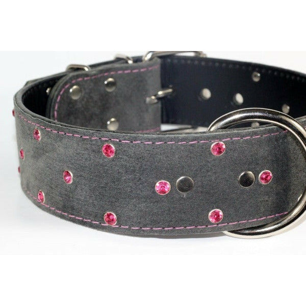 pink crystals on grey suede collar