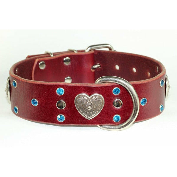 Brown Crystal Heart Leather Dog Collar