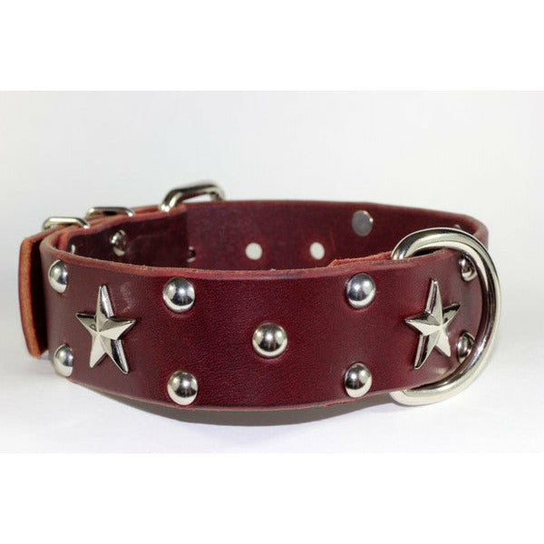 RICH CHERRY BROWN LEATHER DOG COLLAR - STAR CONCHO LEATHER COLLAR-Rad N Bad Collars