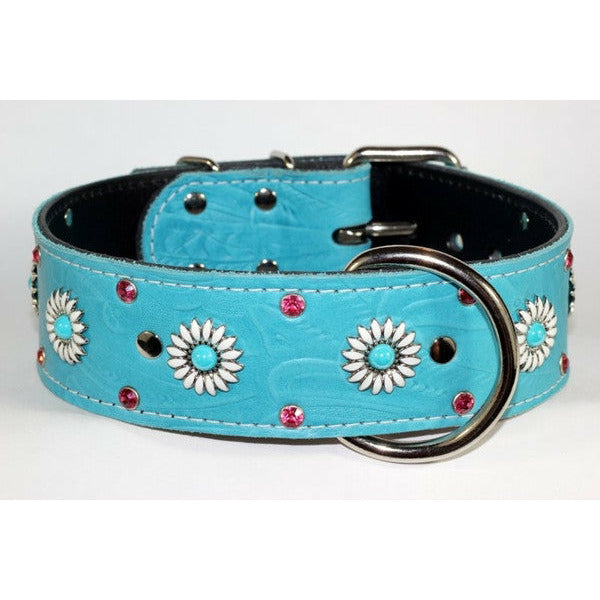 Turquoise Floral Leather Crystal Flower Dog Collar