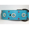 TURQUOISE LEATHER DOG COLLAR WITH DAISY FLOWERS 