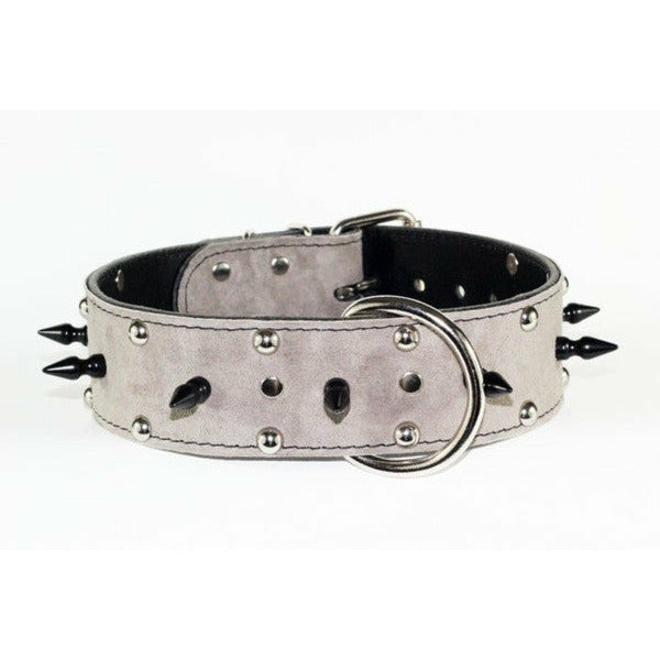 Grey Leather Spiked Dog Collar