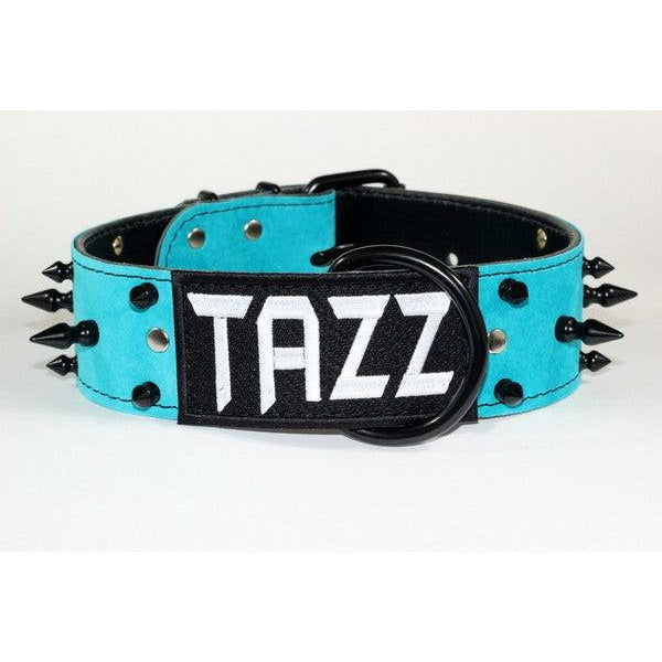 SPIKED TURQUOISE SUEDE CUSTOM NAME LEATHER DOG COLLAR