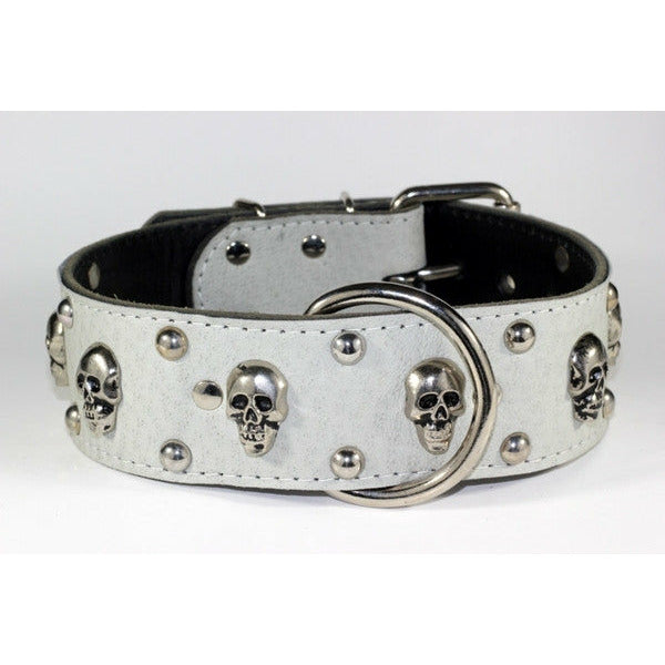 Grey Suede Leather Dog Collar - Skull Leather Collar - Grey Skull Collar