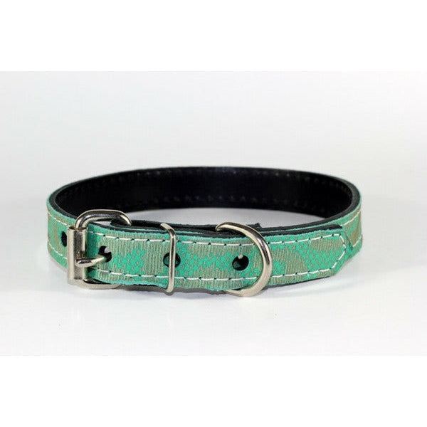3/4" TEAL ANIMAL PRINT LEATHER DOG COLLAR - LEATHER DOG COLLAR - READY TO SHIP - FITS 14" TO 18" NECKS - MADE IN USA