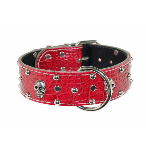 Leather Red Skull Dog Collar 