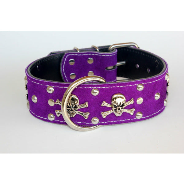 skull purple collar, sturdy leather dog collar, heavy duty dog collar, big dog breed collars