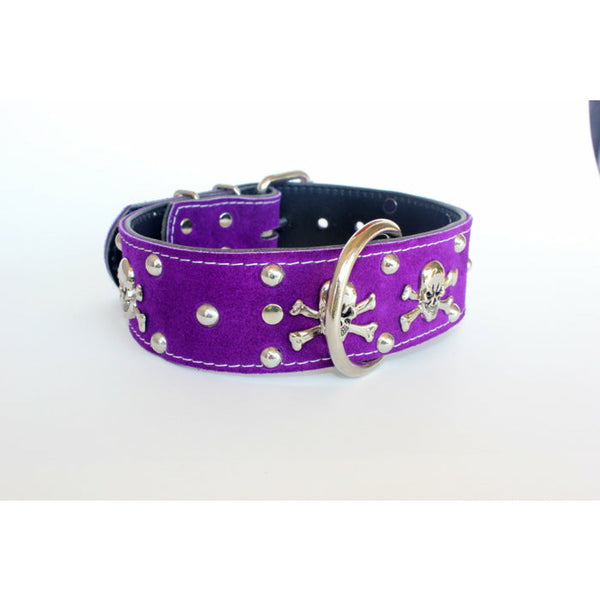 purple skull collar suede leather studded dog collar for larher breed dogs