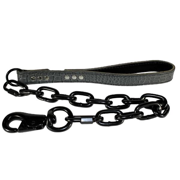  Grey Alligator Embossed Leather Dog Leash with Black Chain