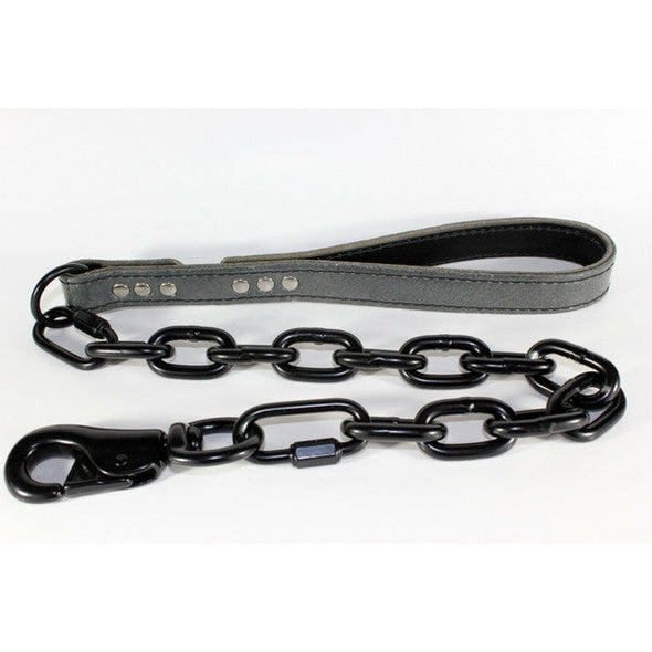 Slate Grey Leather Dog Leash with Black Chain