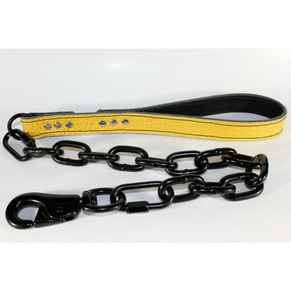Yellow Croc Embossed Leather Dog Leash with Black Chain