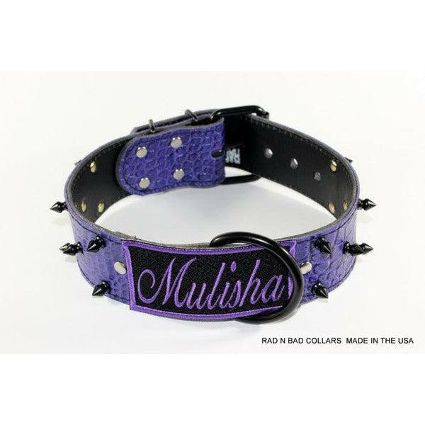 Spiked Leather Purple Name Collar - bulldog custom leather collar - bulldog leather dog collar