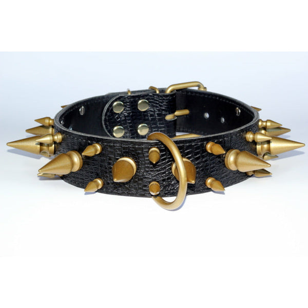 Gold Spiked Leather Dog Collar - Extreme Bully Spiked Collar